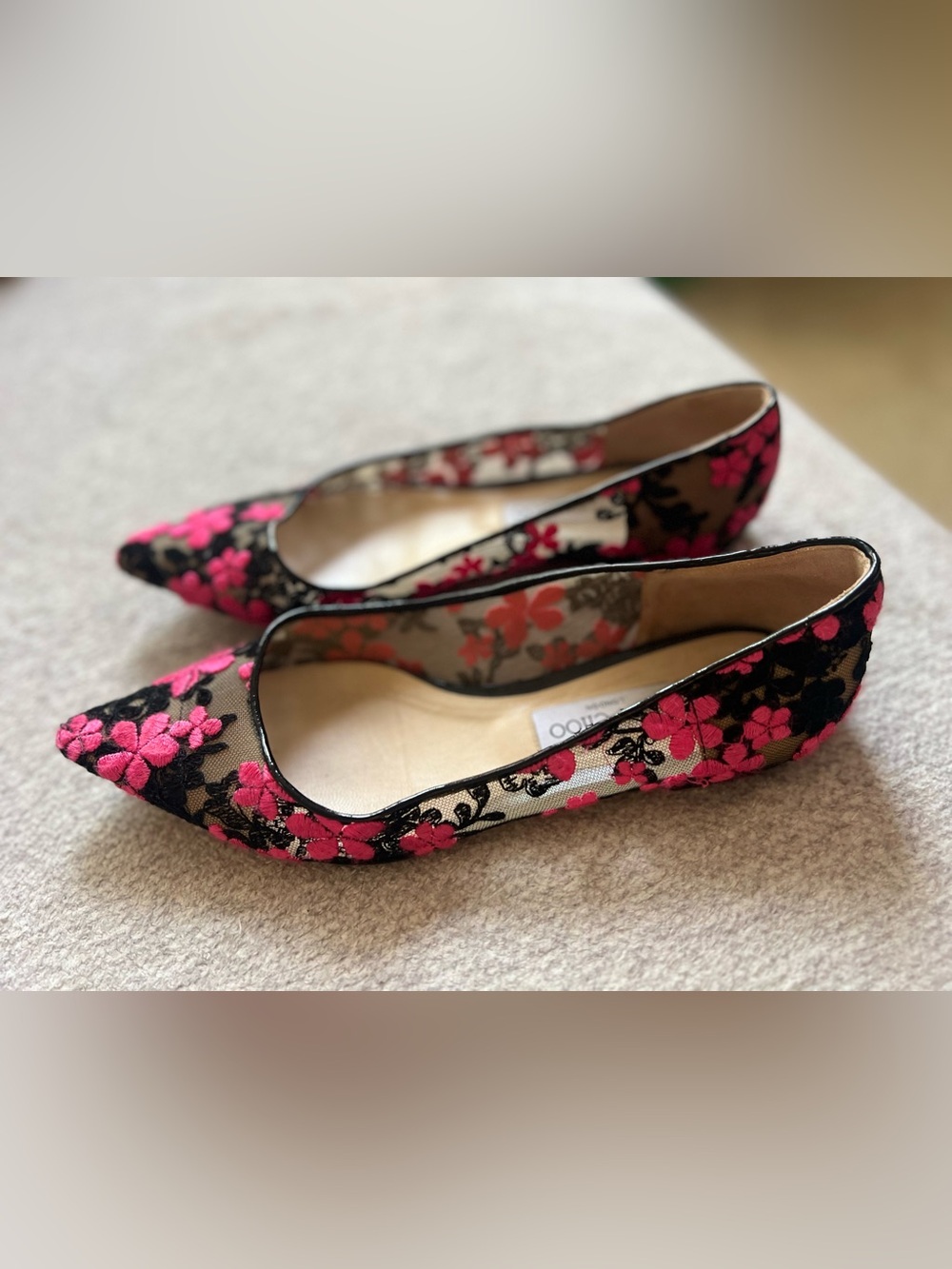Jimmy Choo Black Lace Flats with Bright Pink Floral Embroidery - Picture 1 of 6